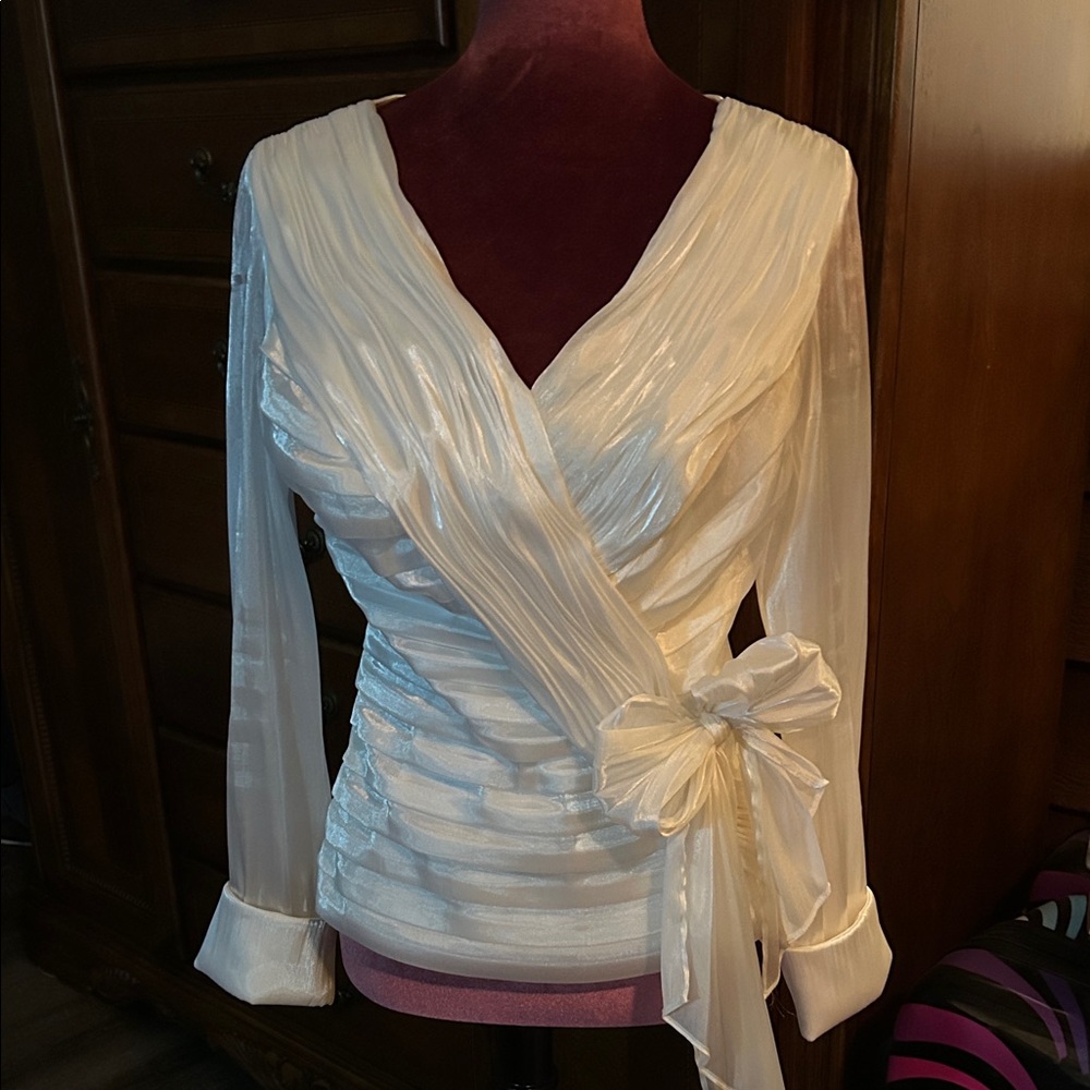 Victor Costa Shimmery Ivory Wrap Blouse with Side Bow Back Zip